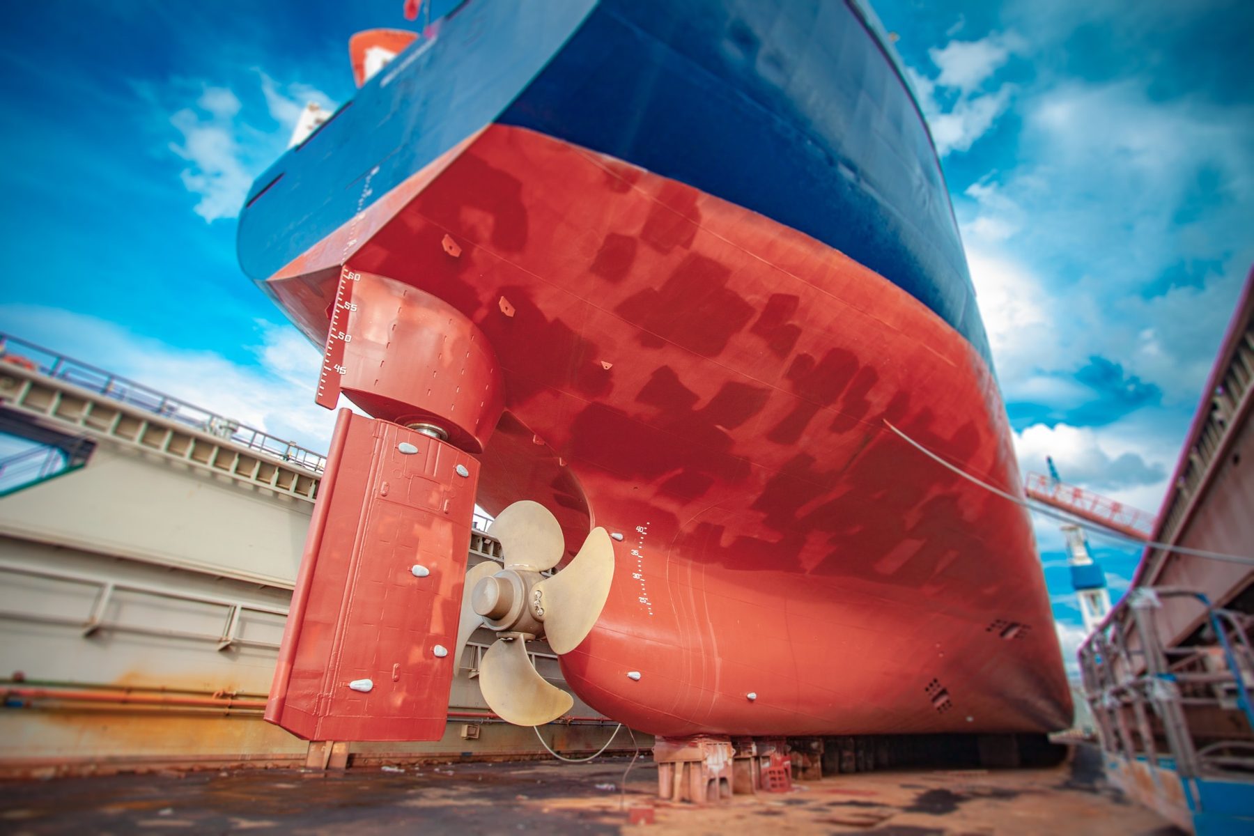 Commercial vessel in dry dock for newbuilding and repair work